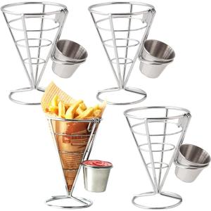 4 Pack French Fry Holder, French Cone Fries Basket with Sauce Cup, Metal Wire French Fries Holder for Kitchen, Restaurant Buffet, Picnic Party, Buffet Dinner, Home Parties