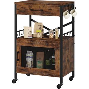 Homeiju Kitchen Island Cart, Kitchen Storage Cart with Drawer, Microwaves Stand, Coffee Cart, Rolling Kitchen Cabinet Cart with Hooks for Kitchen, Dining Room