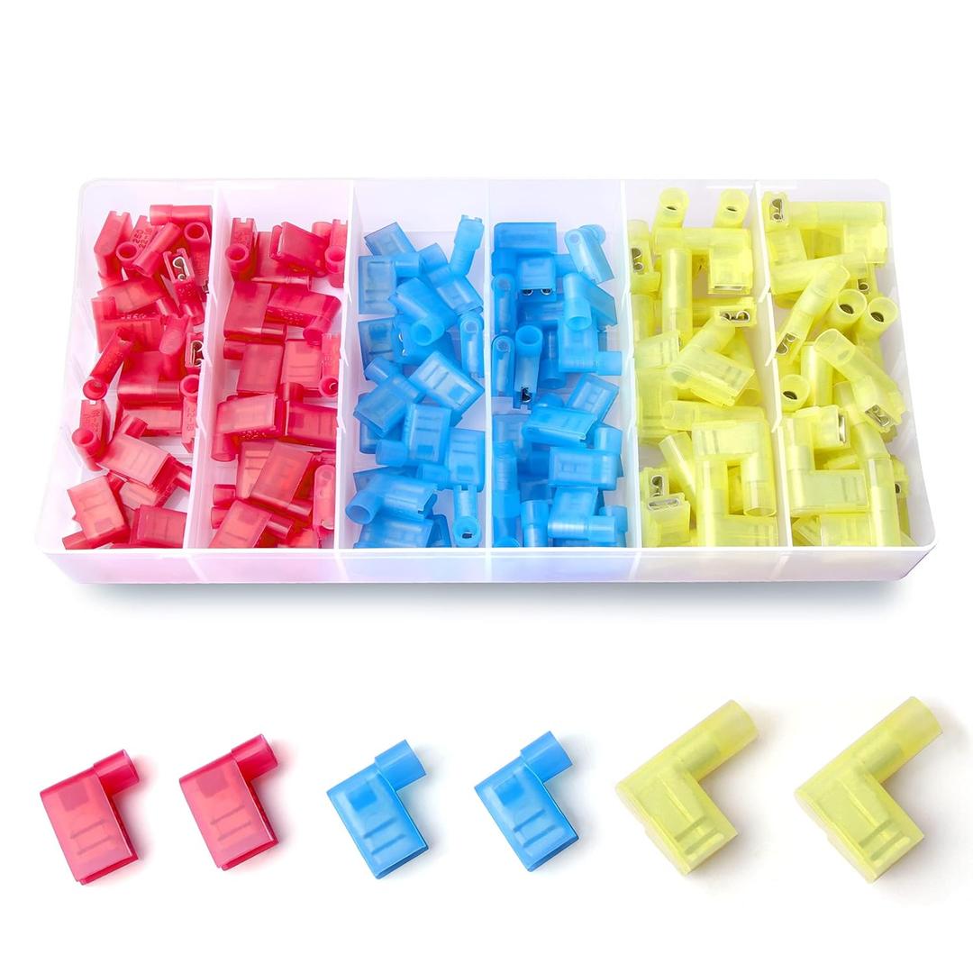 90 Degree Right Angle Spade Connectors 120PCS - Quick Disconnect Wire Connectors Kit with Nylon Insulation, Female Crimp Terminals for AWG22-10 Electrical Spade Terminal Assortment