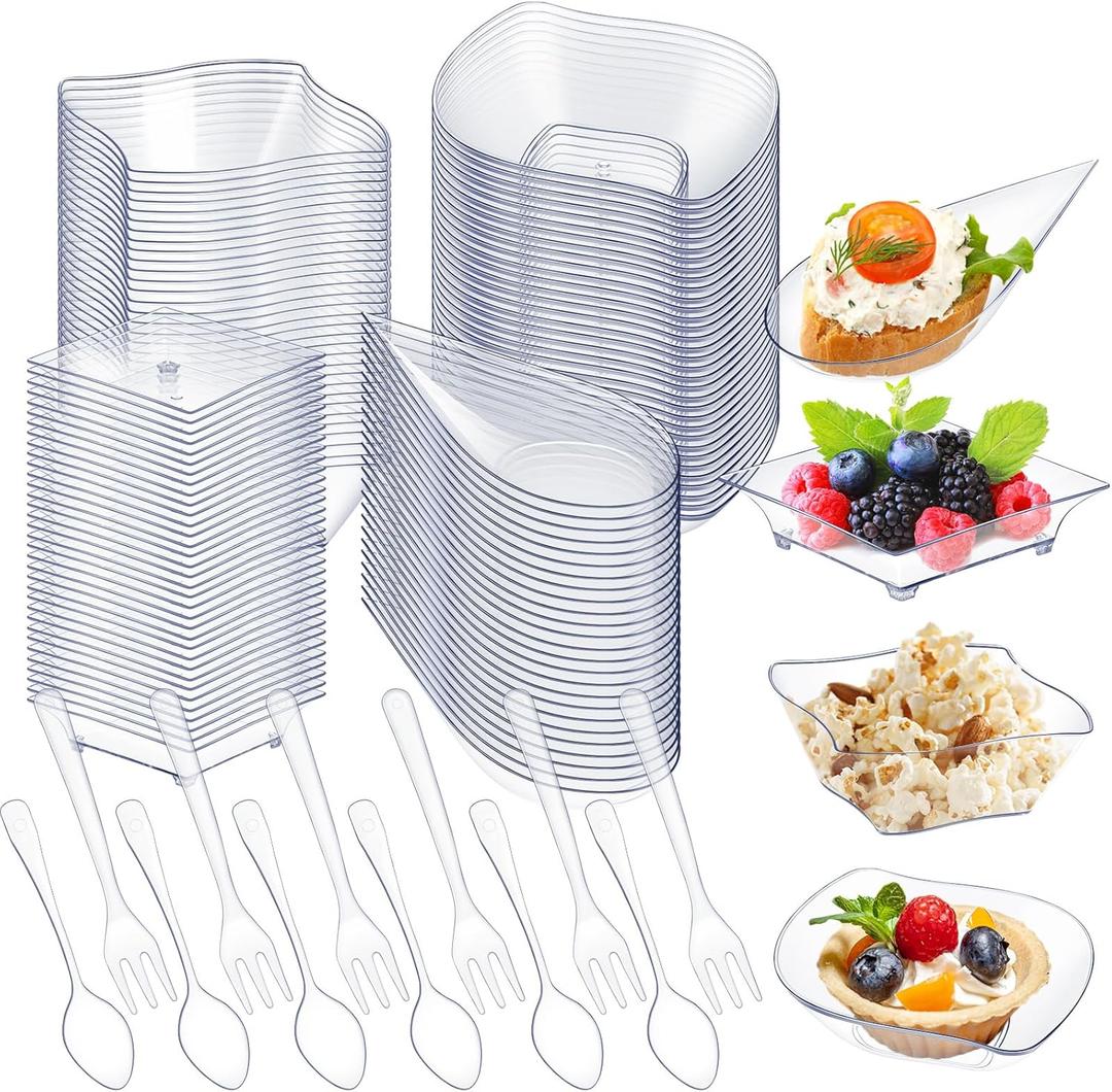 Tessco for you 400 Pcs Mini Appetizer Plates Set Including 200 Disposable Dessert Plates Assorted Shape 100 Mini Plastic Forks 100 Plastic Spoons for Party (Classic Style, Clear)