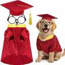 Huhumy 3 Pcs Dog Graduation Costume Set Include Pet Graduation Gown Adjustable Puppy Grad Cap with Gold Tassel Lensless Glasses for Dogs Cats Holiday Costume Accessory(Red,L)