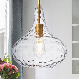 11" Hand-Blown Clear Glass Pendant Light with Hammered Texture, Gold Finish Adjustable Hanging Light Fixture for Kitchen Island, Dining Room, Hallway, Living Room
