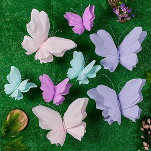 3D Hanging Butterfly Decorations, 8 Pcs Butterfly Birthday Party Decorations, Crepe Paper Butterfly Hanging Decorations for Girls, Women, Flower Garden Party Decorations (Purple Green Pink)