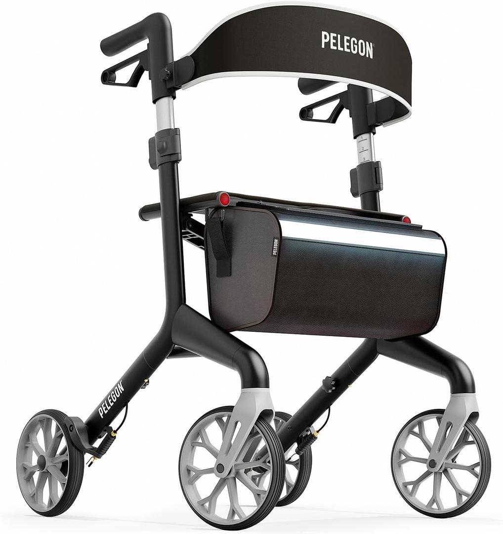 Pelegon Rollator Walker with Seat for Seniors Lightweight Foldable Walker with Padded Seat & Backrest, Adjustable Handles, Reflective Frame, Carry Bag Heavy-Duty 300lb Support - Black