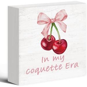 Pack of 2, Pink Cherry Bows in My Coquette Era Wood Box Sign Desk Decor, Vintage Preppy Trendy Bows Girly Wooden Block Sign Decorations for Home Girl Bedroom Dorm Living Room Wall Tabletop Shelf Decor