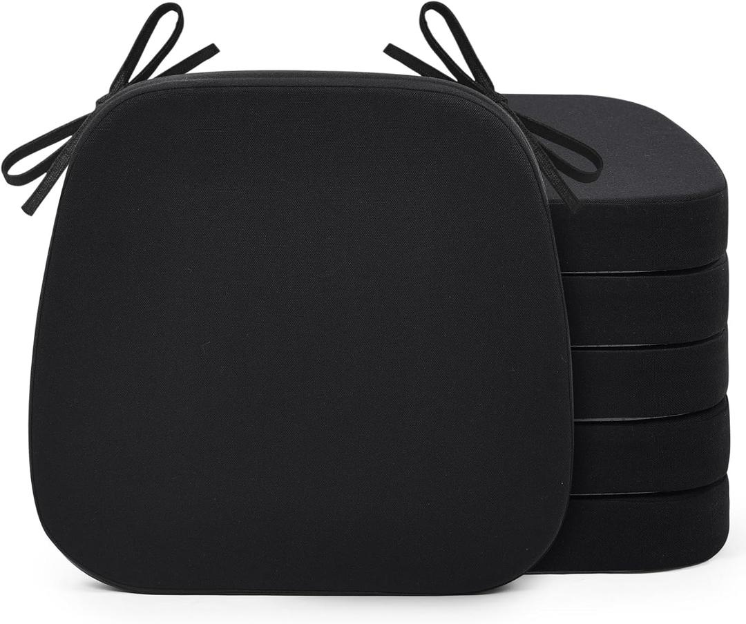 Shinnwa Chair Cushions for Dining Chairs 6 Pack, Non-Slip Kitchen Chair Cushions with Detachable Straps and Machine Washable Cover, Set of 6, 17x16x2in, Black