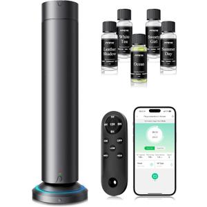 Waterless Scent Diffuser Kit Include 5x20ml Essential Oils, Essential Oil Diffuser for Home, Hotel & Office, APP&Remote Control, Quiet Operation, Pets and Kids Friendly, Max Coverage 1500 Sq Ft (Black)