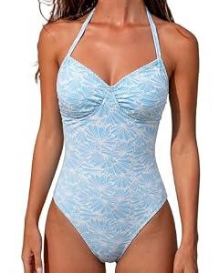 XUNYU One Piece Swimsuit Women Tummy Control Underwire Push Up Bathing Suit High Cut Swim Suit Slimming Shapewear Swimwear, Blue Large