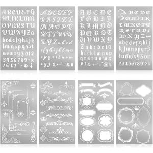 Lewtemi 8 Pcs Metal Stencils Journal Template for Painting 4 x 7 Inc Letter Number Alphabet Stencils for Journaling Engraving Wood Burning Stainless Bookmark Ruler School Supplies(Stylish Style)