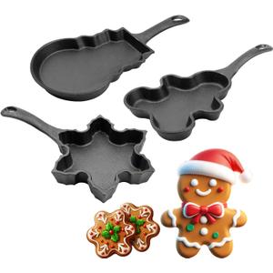 DVK Cast Iron Frying Pan with Various Shapes for Christmas Cookies Cutters Small Skillet for Heart/Snowman (3PCS)