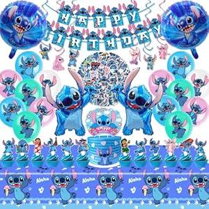 Stitch Party Supplies, 103PCS Birthday Decorations Set Include Banner, Balloons, Stickers, Hanging Swirls, Cake Cupcake Toppers, Tablecloth for Boys Girls Stitch Theme Party