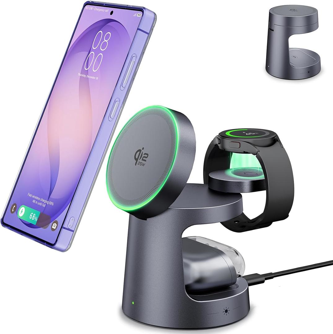Qi2 Certified Magnetic Wireless Charger for Samsung, 3-in-1 Fast Mag-Safe Charging Station with Night Light,Compact Travel Charger Stand for S26 Ultra/S25 Ultra &Galaxy Watch Ultra 8/7