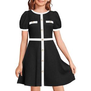 YOVION Girls Summer Dress Puff Sleeve Crewneck Button Color Block Casual Party Dresses with Pockets for 6-12 Y (Beige)