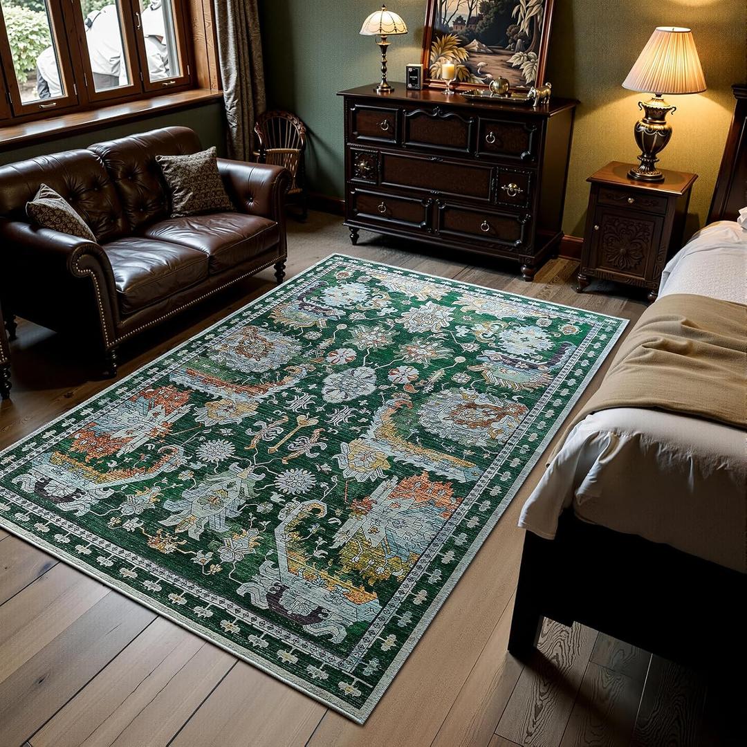 8x10ft Machine Washable Area Rug, 120 * 96" Large Ultra Soft Rugs with Non-Slip Backing & Durable Edge Binding, Vintage Fluffy Indoor Low-Pile Carpet for Living Room, Bedroom, Dinning, Kitchen