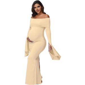 Women's Maternity Long Sleeve Off Shoulder Pregnancy Photography Dress for Baby Shower Photoshoot Party, XL