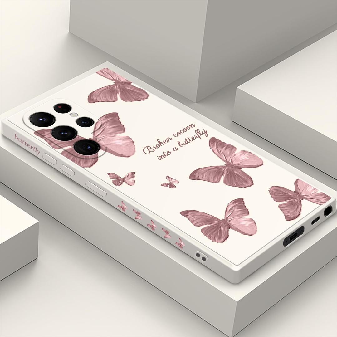 for Samsung Galaxy S22 Ultra Case, Fashionable Flowers Designs Soft Silicone Drop Protective Fingerprint for Samsung S22 Ultra Phone Cover, Butterfly Rice White