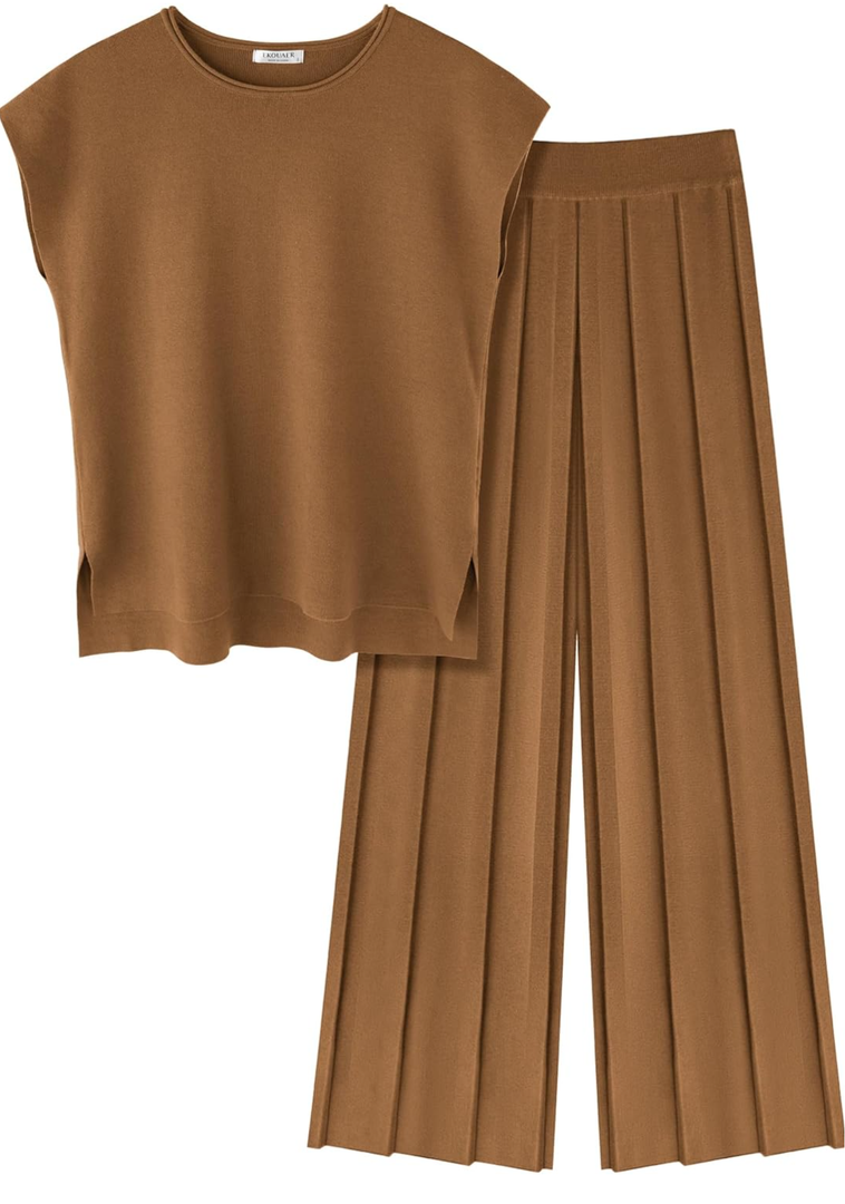 Ekouaer Lounge Sets for Women Two Piece Outfits Knit Cap Sleeve Tops Wide Leg Pleated Pants Casual Dressy Sweater Sets M