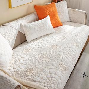 Boho Sofa Cover Solid Color Cotton Quilted Couch Cover,Cotton Quilted Circle Boho Couch Covers,Washable Non-slip Sectional Couch Covers for Dogs Pets Furniture Protector,White-43"x43"/110x110cm