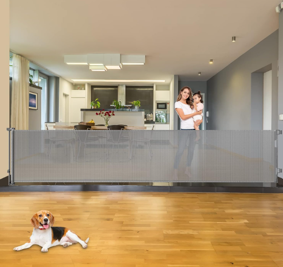 110" Extra Wide Baby Gate Retractable Dog Gate for Large Openings, Gray | Indoor/Outdoor Retractable Pet Gate, Space-Saving, Easy One-Hand Operation, Safety Lock, Scratch-Resistant Mesh, Easy Install