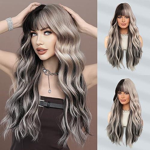 7JHH WIGS Long Wavy Silver Grey Black Highlight Wig 27in Natural Heat Resistant Fiber Synthetic Curly Light Grey Black Ombre Wigs with Bangs for Women Girls Daily Party Chrismas Travel Used