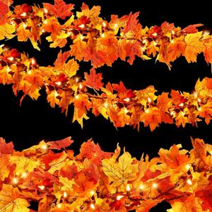 2Pack Fall Leaf Garland with Lights Plug in, 35 Orange Bulbs Light Up Fall Leaves Garland, Fall Decor Fall Decorations for Home Table Thanksgiving Mantel, Fireplace, Porch, Halloween Autumn Decorations