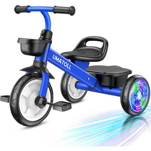 Umatoll Tricycle for Toddlers 2-5 Year Old, Ajustable Toddler Bike Outdoor Toys, Birthday Gift for Boy Girl Age 2-4, Trike with Light up Wheels (Blue)