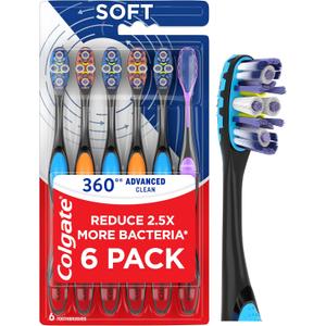 Colgate 360 Advanced Clean Adult Soft Toothbrush Pack, 6 Soft Bristled Toothbrushes with Cheek and Tongue Cleaner, Helps Clean Your Teeth, Tongue, Cheeks, and Gums, 6 Pack