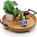 Wooden Decorative Tray for Coffee Table, Round Wood Serving Tray with Metal Handles, 13 Inch Rustic Wood Trays for Tale Centerpiece, Home Kitchen Farmhouse Decor