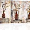 iHAPPYWALL Rustic Farmhouse Wall Art Vintage Brown Vase Floral Botanical on Chair Still Life Picture Artwork for Kitchen Bedroom Home Decor Ready to Hang 12x24inchx3pcs