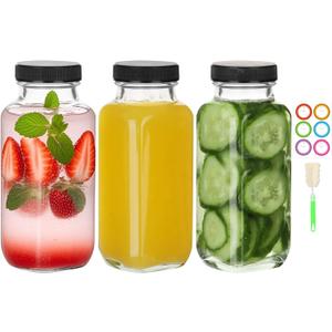 BIGIVACA 8 oz Glass Juice Bottles with Lids,3 PACK Bottles for Juicing,Square Drinking Jars Glass for Coffee,Cola,Milk,Tea in Travel,Work,School