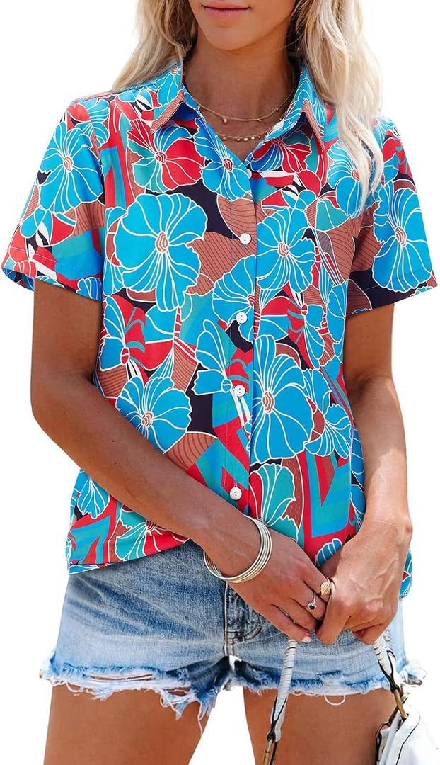 siliteelon Womens Short Sleeve Button Down Shirts Summer Blouses Casual Tops Hawaiian Tropical Floral Printed Camp Shirts (L)