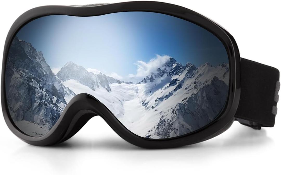 YLYUELANG OTG Ski Goggles for Men & Women, 100% UV Protection Snowboard Goggles, Over Glasses Anti-Fog, Scratch Resistant Snow Goggles for Ski & Snowboard(Black Frame&Silver Lens)