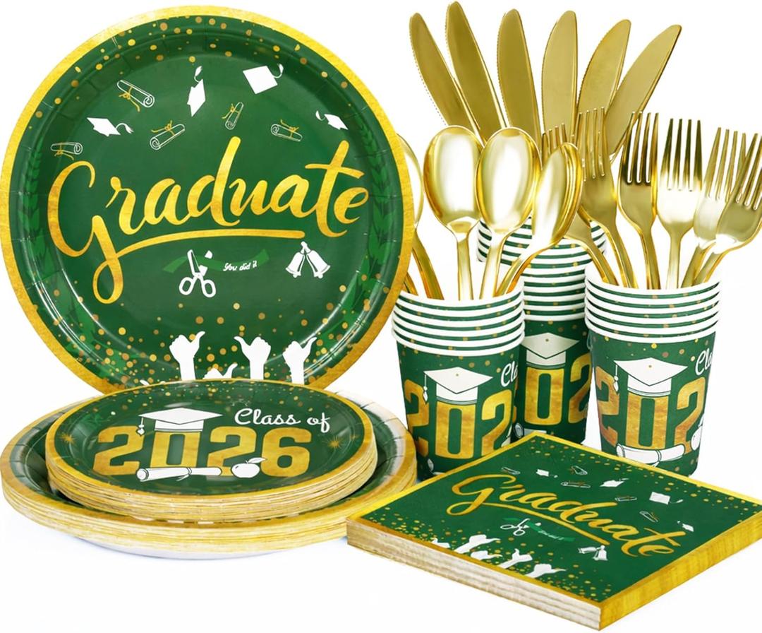 Graduation Plates and Napkins 2026 Graduation Party Supplies - Green and Gold Paper Plates Tableware Set for Congrats Grad Graduation Party Decorations, Serves 24