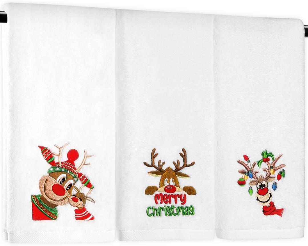 Quera 3 Pack Christmas Hand Towels, Winter Cartoon Reindeer Christmas Embroidery Rustic Cabin Decor Bathroom Decorative Holiday Towels Gift Set 13.7'' x 29.5'' (White)