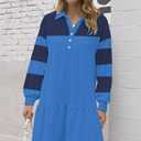 kipfall Women's Casual Dresses Long Sleeve Button V Neck Sweatshirt Dress Lapel Collared Pullover Dress (Blue, M)