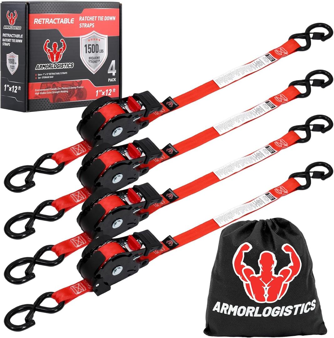 ARMORLOGISTICS Retractable Ratchet Straps 4 Pack, 1 in x 12 FT Auto Ratchet Straps for Motorcycle, Kayak and Trucks, Breaking Strength 1,500LBS/500LBS Working Load Limit Red