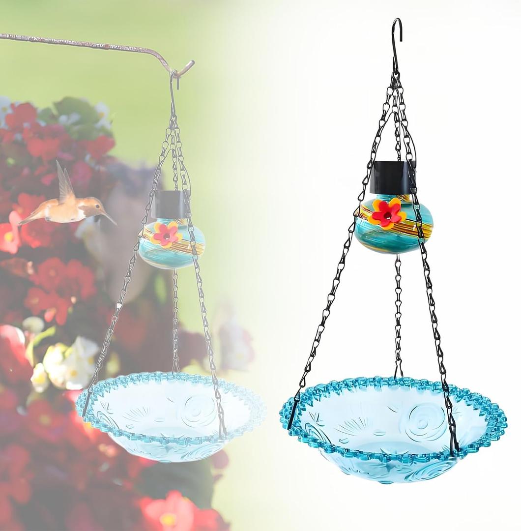 Solar Hummingbird Feeder - Outdoor Hanging Bird Food Feeder with Illuminated Lantern, Garden Patio Decor, Hand Blown Glass, 3.3 fl.oz, Set of 1