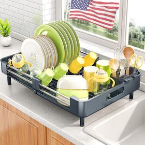 Dish Drying Rack - Expandable Dish Rack for Kitchen Counter, Large Dish Drainer, Stainless Steel Drying Dish Rack with Utensil Holder, Grey (Gray)