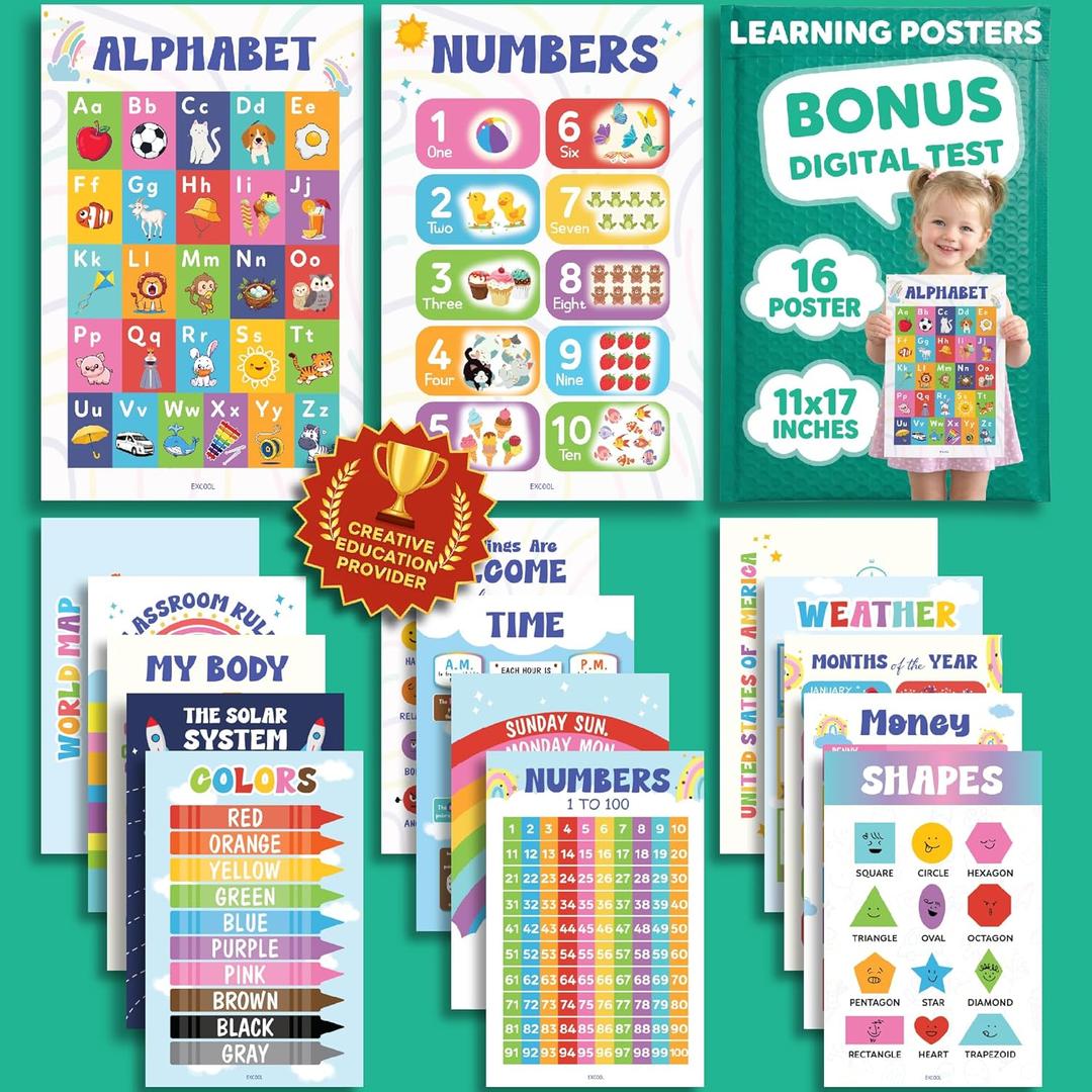 EXCOOL CLUB 16 Colorful Educational Posters For Toddlers 1-3, Toddler Learning Posters For Kids Ages 3-5, Kindergarten Classroom Must Haves, Laminated Abc Number Chart Prek Classroom Decor Preschool