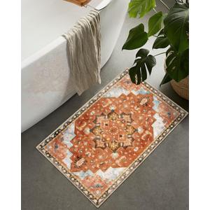 Seavish Vintage Bathroom Rugs Non Slip Oriental Rug 18"x26" Retro Distressed Washable Boho Bath Mat Rug Rustic Aesthetic Tribal Home Decor Carpet for Bathroom Floor Tub Sink Door Mat (Orange)
