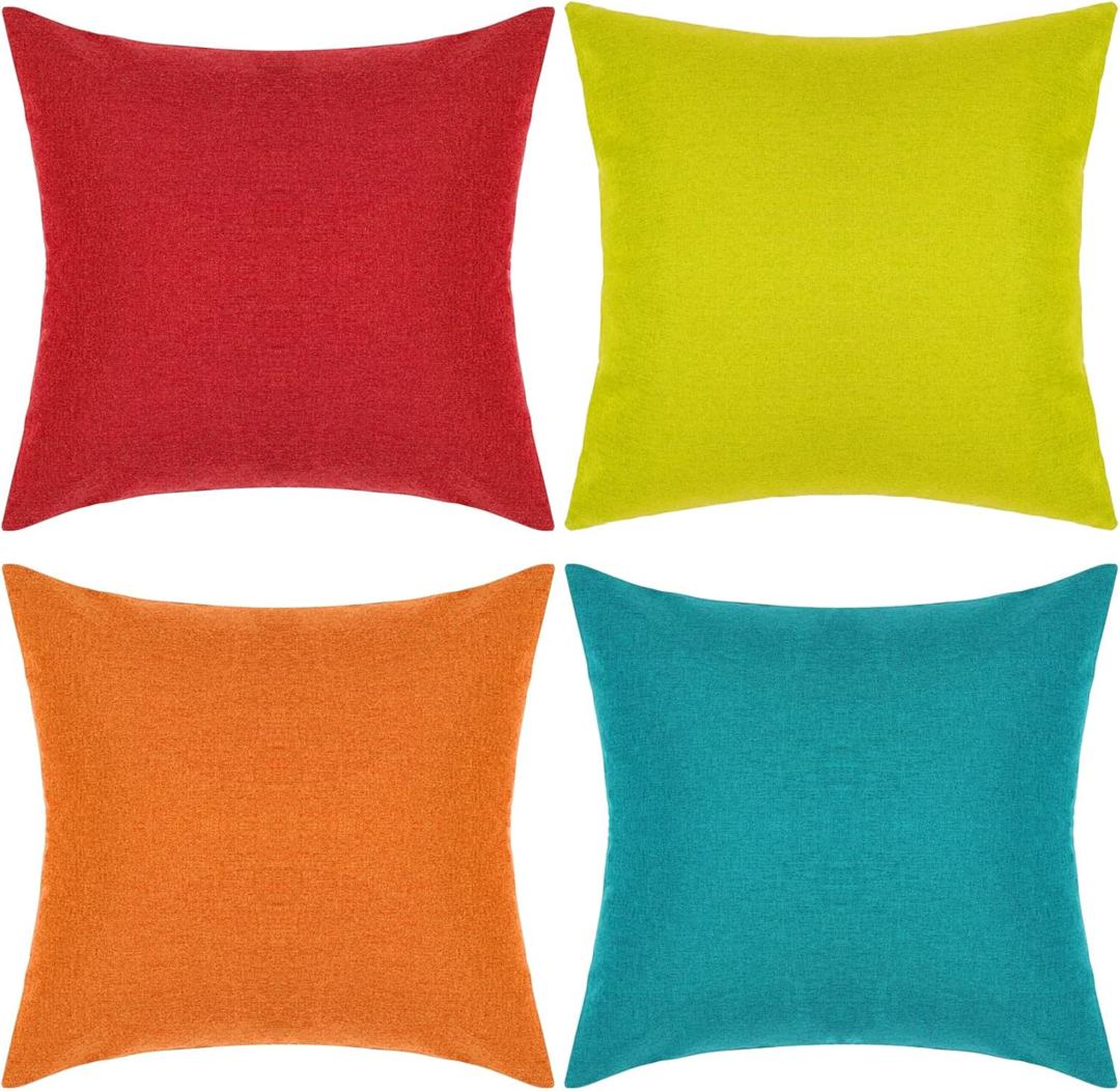 Pack of 4 Decorative Outdoor Waterproof Throw Pillow Covers ONLY Square Garden Cushion Cases for Patio, Couch, Tent and Sofa, 18 x 18 Inches, (Yellow, Red, Orange, Blue-Green)
