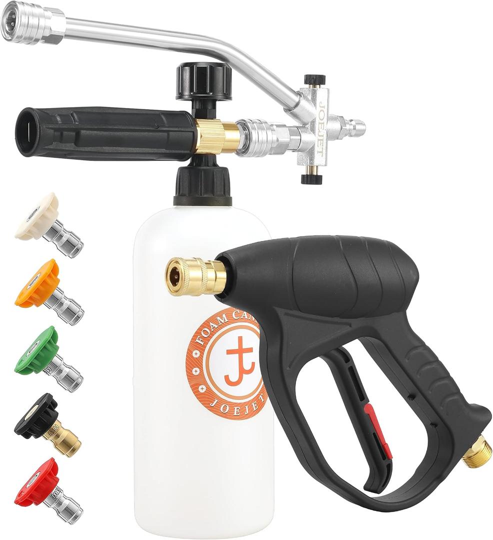JOEJET Short Pressure Washer Gun with Foam Cannon Dual Connector Accessory, Car Wash Foam Gun with 1/4 Inch Quick Connector, 5 Pressure Washer Nozzle Tips, 1 Liter