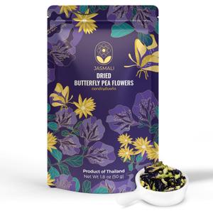 Jasmali Butterfly Pea Flower Tea -1.8 oz Loose Leaf, Herbal, Caffeine Free, Vacuum Sealed, Dried Butterfly Pea Flowers, Gluten Free, Vegan, Sourced from Thailand, Fresh & Aromatic