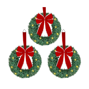 ATDAWN 3 Pack Mini Christmas Wreath, Lighted Christmas Front Door Wreath, Xmas Wreath for Holiday Christmas Party Decorations (Red Bow)