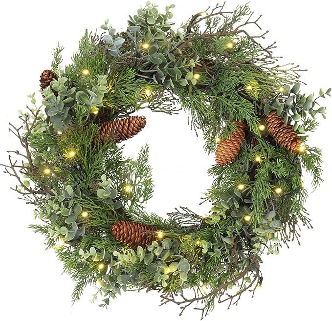 Pre Lit Christmas Wreath for Front Door Lighted Green Wreath Decorated with Pine Cones,Berry Clusters, Abundant Fit Branches 18” Christmas Wreaths for Windows Winter Wreath Hanging Wall Decor