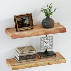 SAUMONIERES Live Edge Floating Shelves for Bedroom Living Room Wall Mounted Storage Long Natural Elm Wood Shelf Large Heavy Duty 8 Inch Deep, 24 inch Set of 2 Narutal Floating Shelves