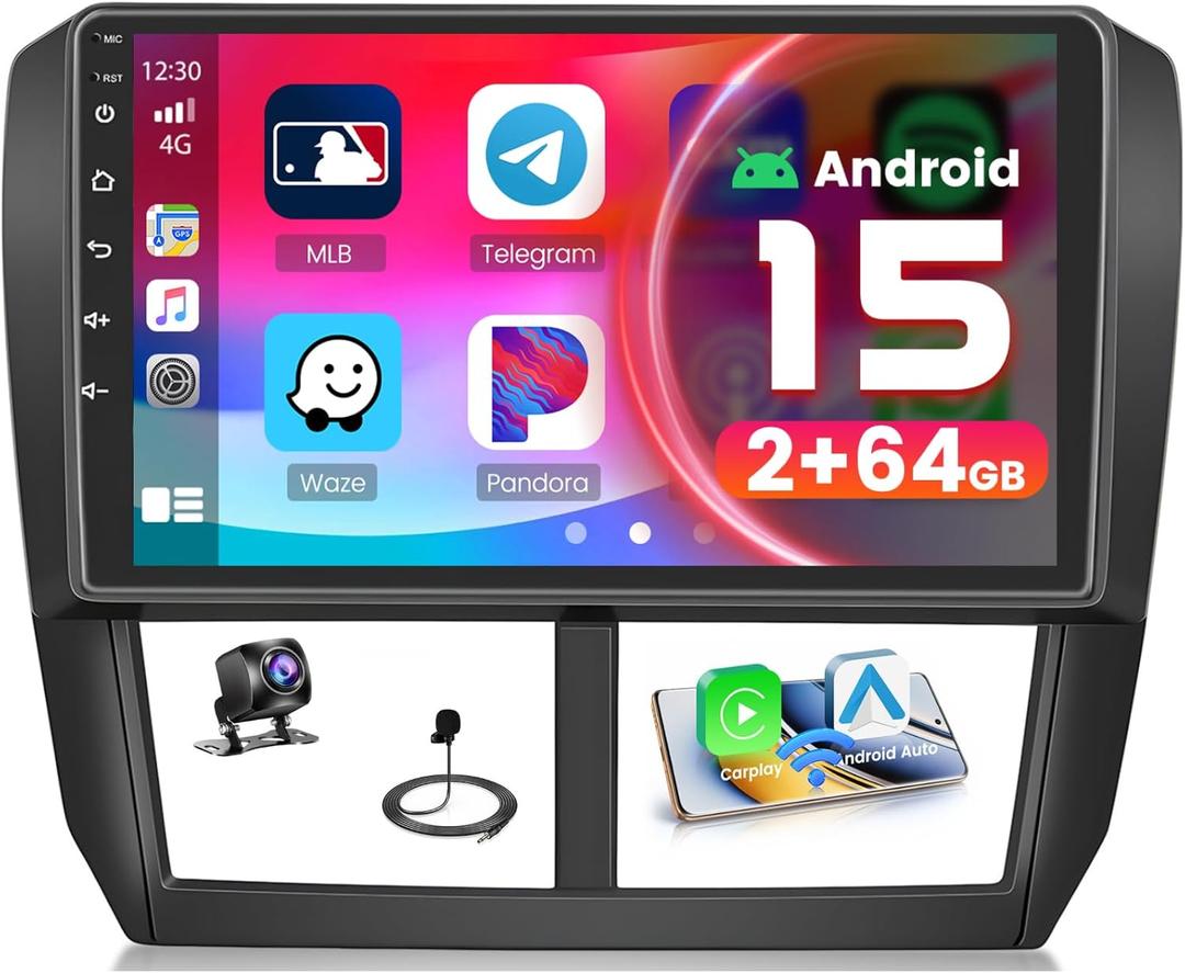 [2+64G] Android 15 Car Stereo for Subaru Forester Impreza WRX STI 2008-2012, Hikity 9'' Touchscreen Car Radio Wireless CarPlay Android Auto GPS 5G WiFi Bluetooth EQ/FM/RDS SWC Backup Camera Mic