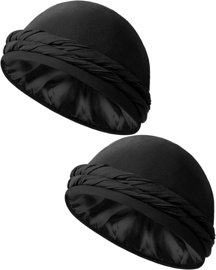 BEACE Silk Satin Lined Pre-Tied Turban Durag Head Wrap for Men & Women, Halo Turban Skull Cap Bonnet Hair Cover for Sleeping (Medium, Black/Black)