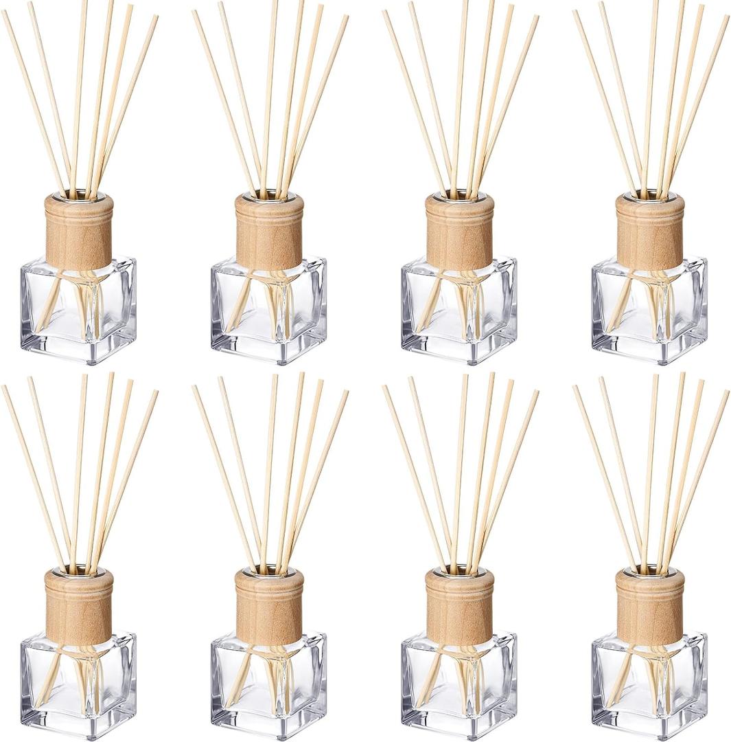 Roshtia 8 Set Reed Diffuser Bottle Empty Refillable Fragrance Glass Diffuser Bottles with Wooden Caps Rattan Sticks 50ml 1.7 oz Glass Jars for DIY Fragrance