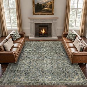 8x10 Area Rugs Washable: Boho Vintage Soft Area Rug for Living Room Bedroom No Shedding - Oriental Low Pile Thin Carpet Rug for Dining Room Home Decor Non Slip - Antique Teal